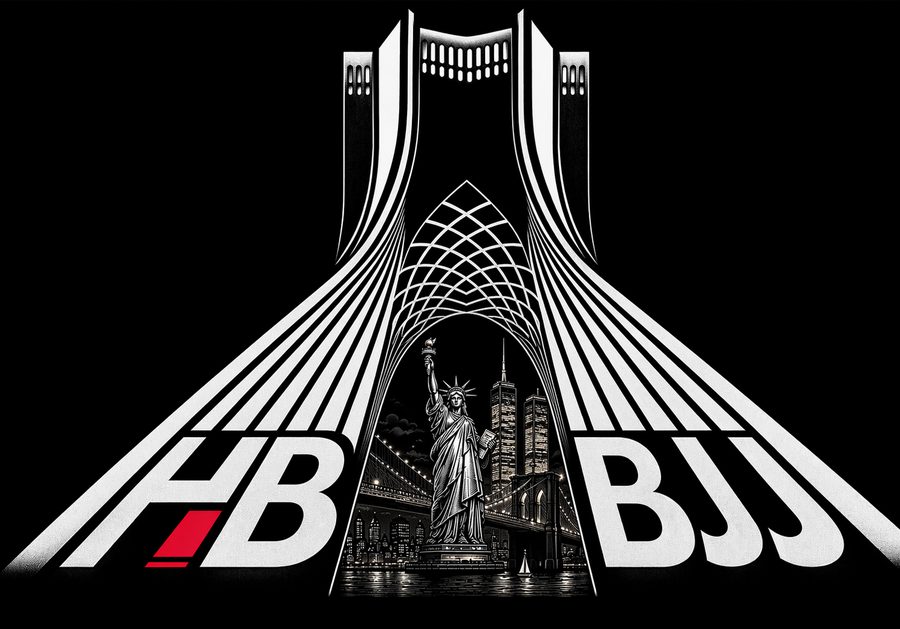 HB BJJ — Brazilian Jiu-Jitsu team crest with Azadi Tower and Statue of Liberty